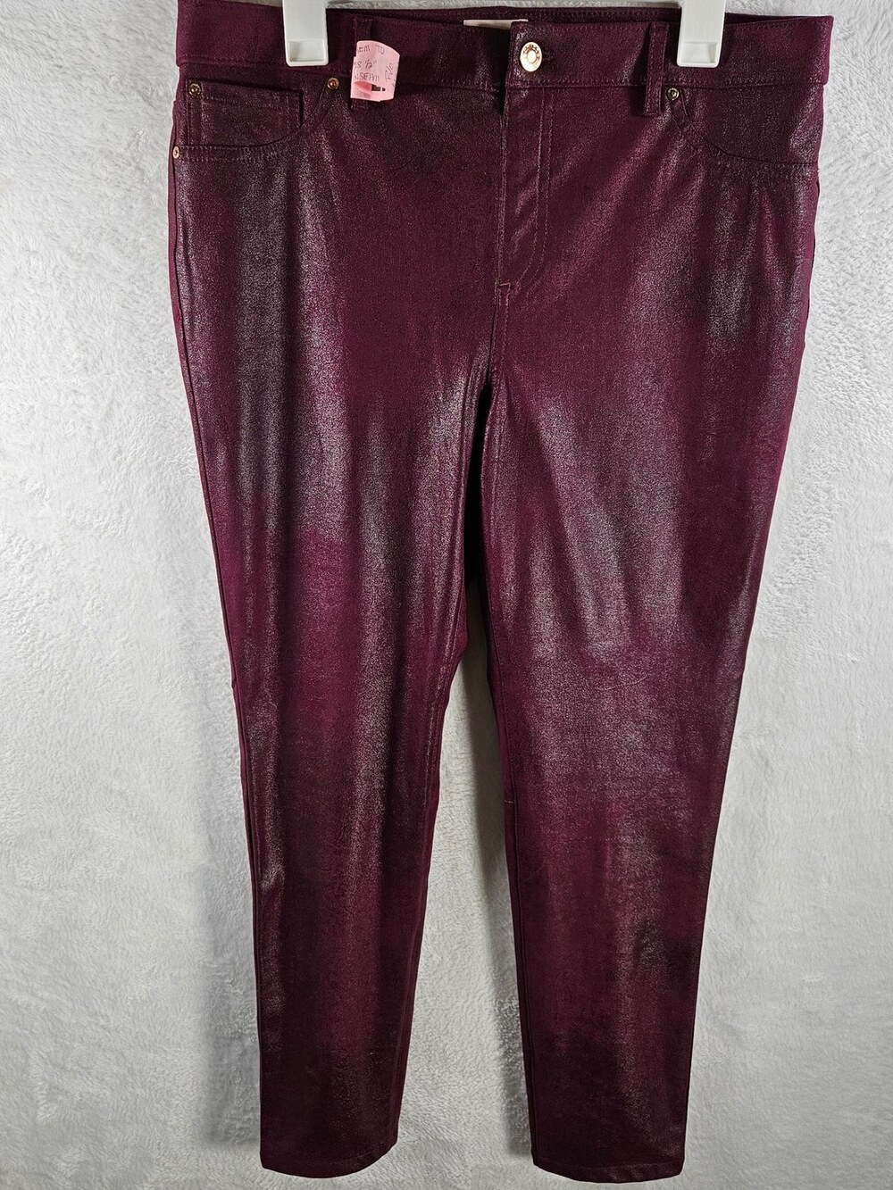 Chico's Skinny Pants Burgundy Metallic Shimmer Coated Stretch Women's Size 12